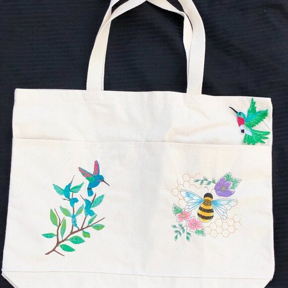 Natural Open Top Canvas Tote Bag With 2 Large Pockets Featuring 3D Hummingbirds - Picture 4 of 9